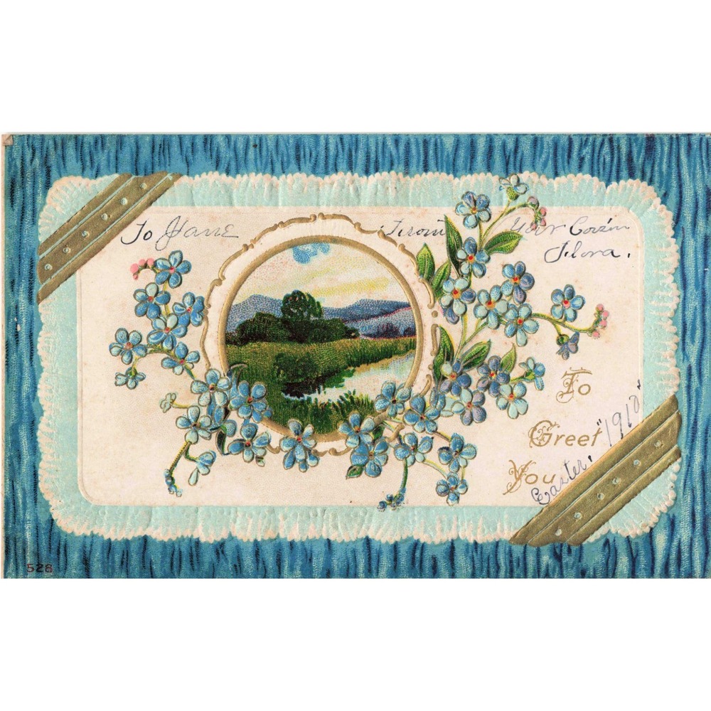 Antique 1910 Embossed Easter Postcard Blue Forget-Me-Nots Landscape Scene VG - Picture 1 of 2